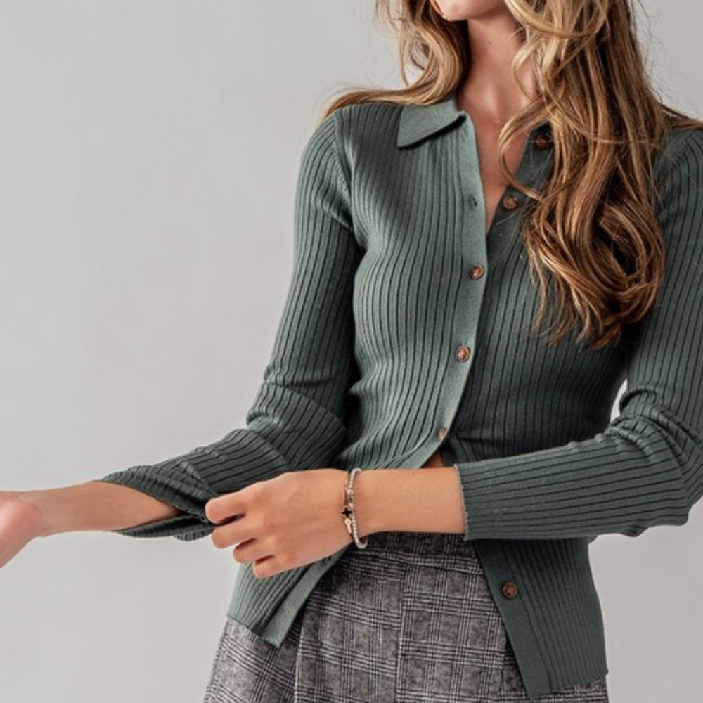 Collared Ribbed Knit Cardigan Top- Sage